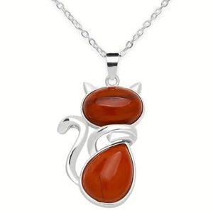 Red Jasper Natural Stone Cute Cat Pendant Necklace